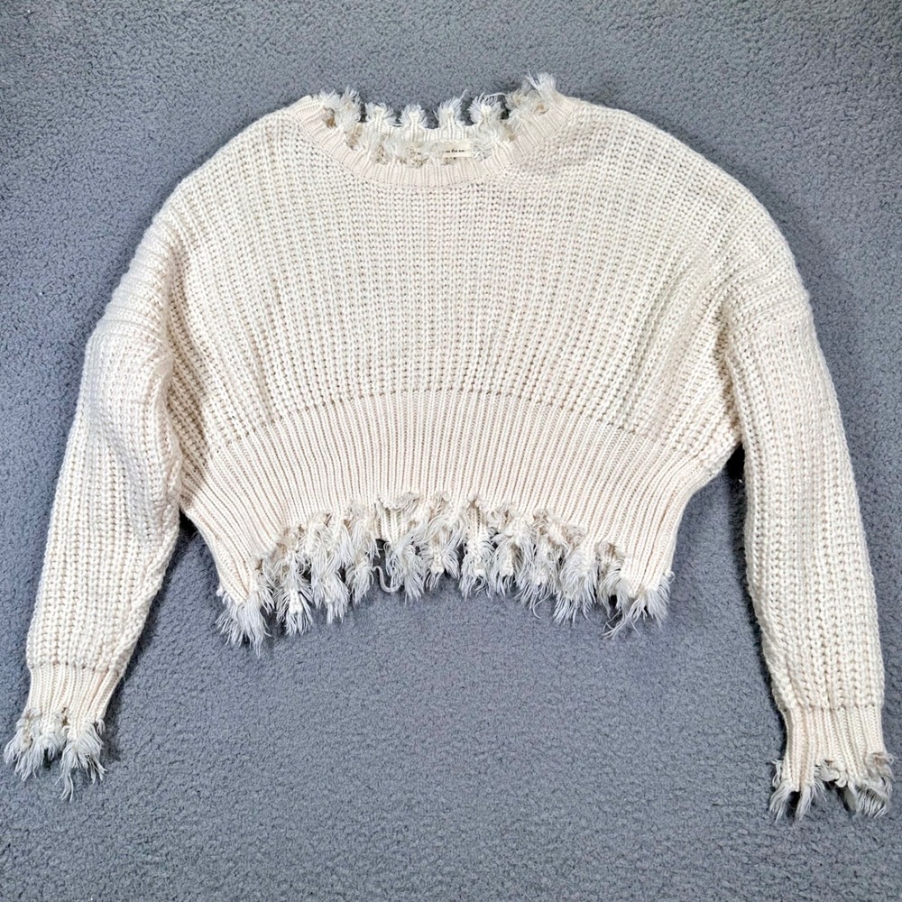 Cropped Sweater Cream Knit Oversized Frayed Women's‎ M/L Grunge Thrashed Event - Picture 2 of 16